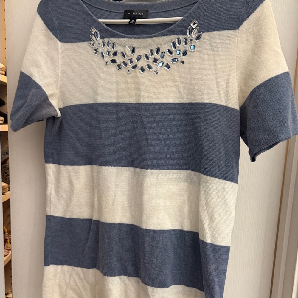 Limited embellished neck striped short sleeve sweater Tee -/:;(